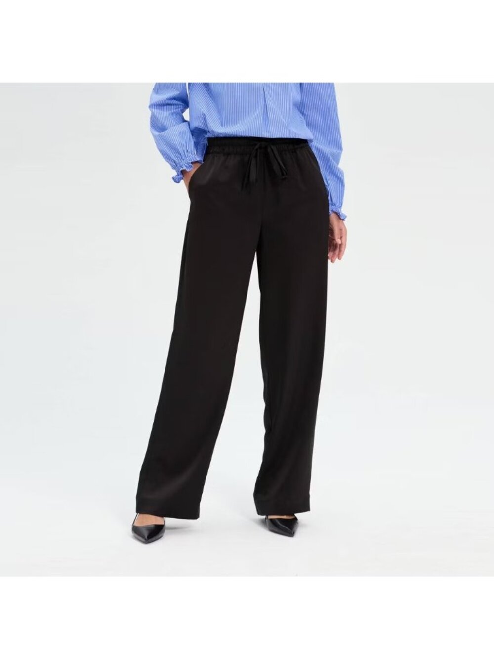 A New Day Wide Leg High Rise Drawstring Black Satin Trousers Pants -- Size Small